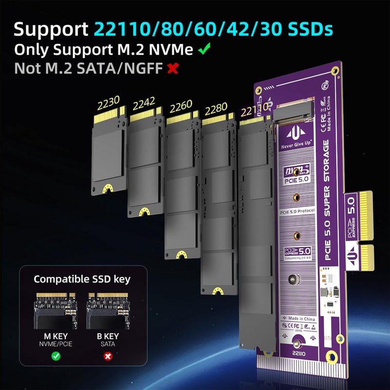JEYI PCIe 5.0 4X to M.2 NVMe Adapter Card for Gen5 SSDs, 128Gbps PCIe 5.0 x4/x8/x16 Slot, High-Speed SSD Expansion Card for Gaming/Workstation PCs - Image 4